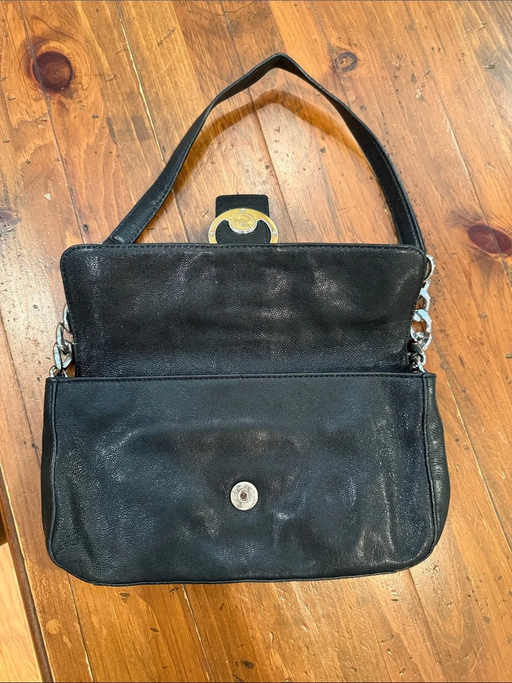 Michael Kors Black Leather Shoulder Bag with Silver MK Emblem